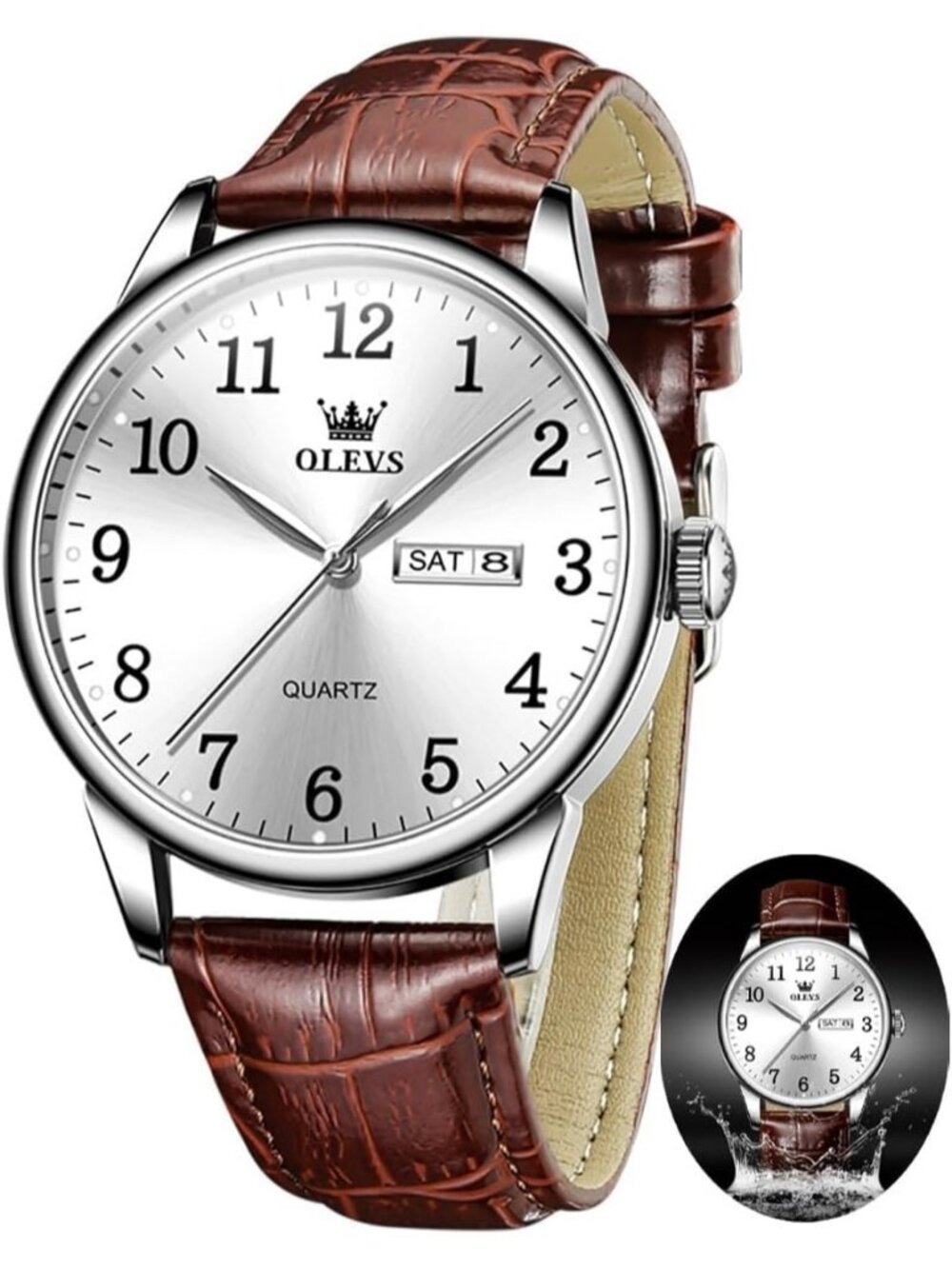 OLEVS Mens Brown Silver Leather Watch Easy Read Large Face Calendar Quartz Style